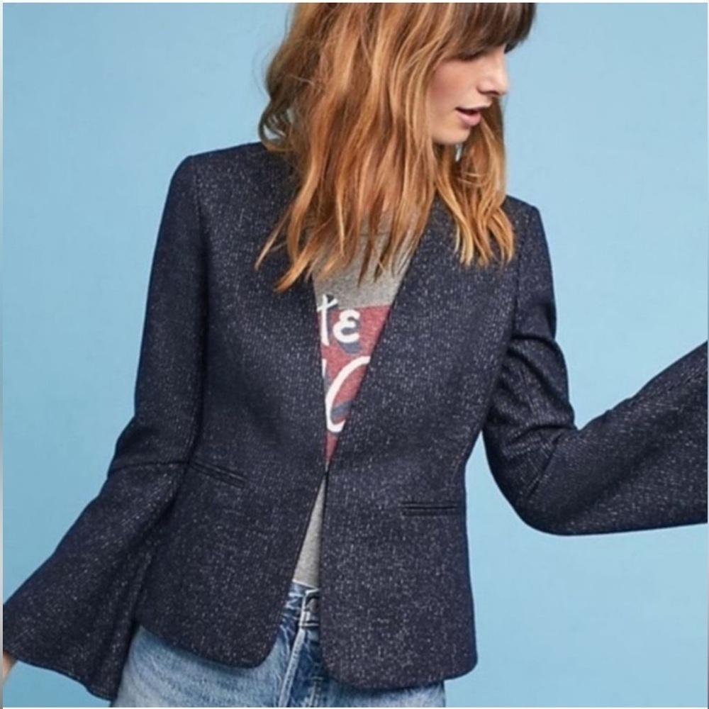 Cartonnier Anthropologie Navy Pinstripe Bell Sleeve Wool Blazer Size 10